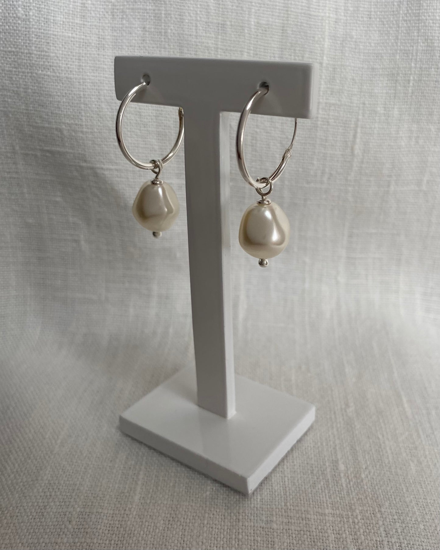 Hoop earrings with big baroque pearls, sterling silver