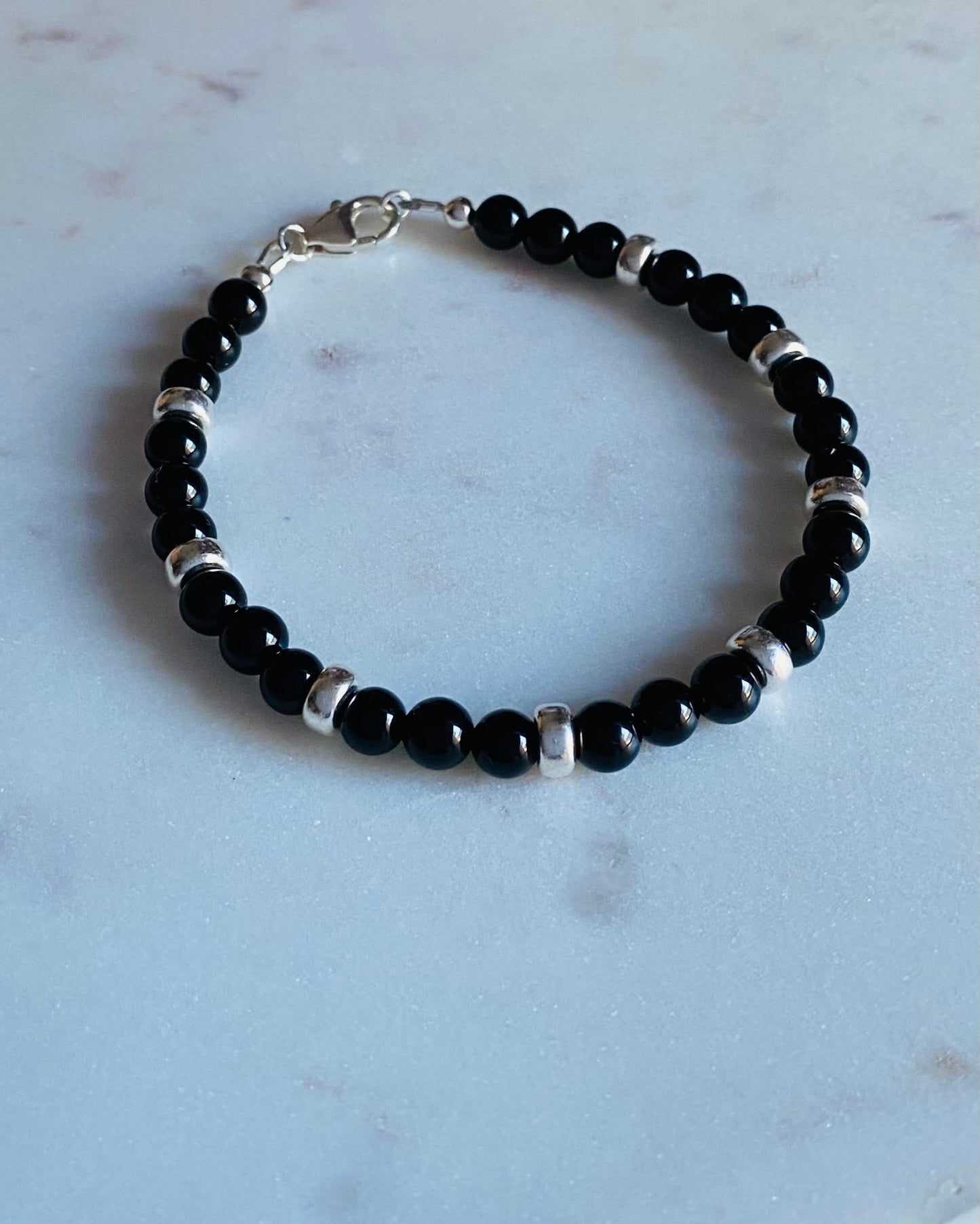 Bracelet, silver and black agate