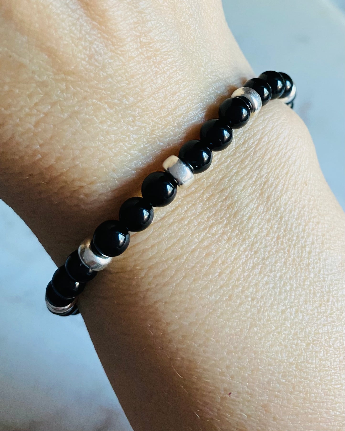 Bracelet, silver and black agate