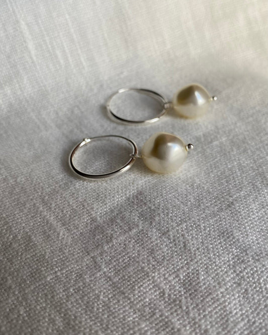Hoop earrings with big baroque pearls, sterling silver