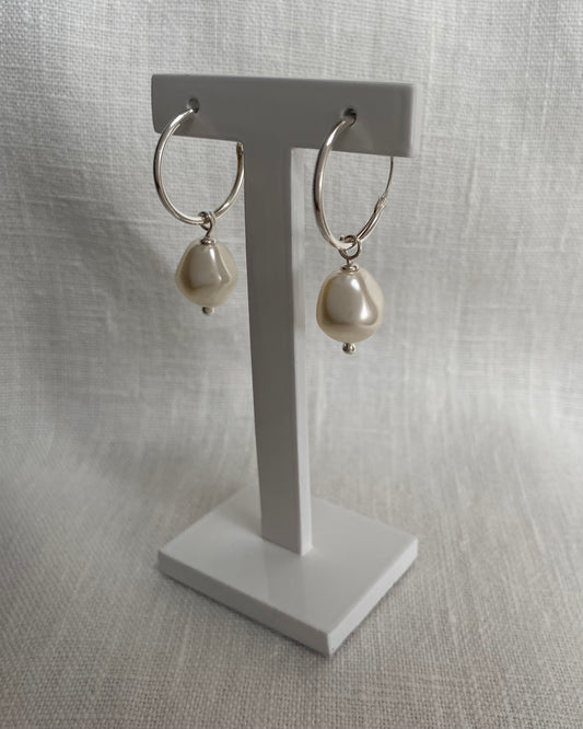 Hoop earrings with big baroque pearls, sterling silver