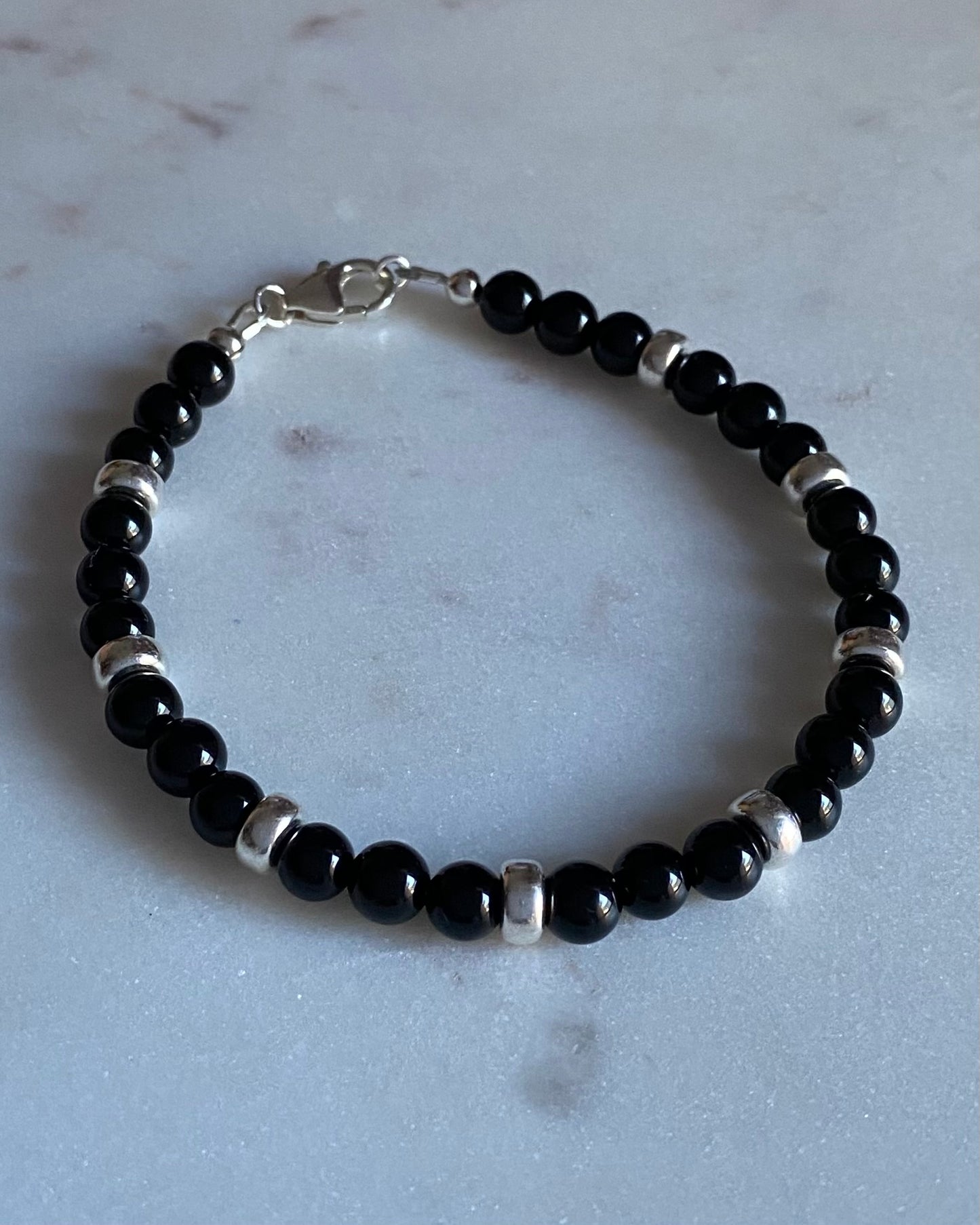 Bracelet, silver and black agate