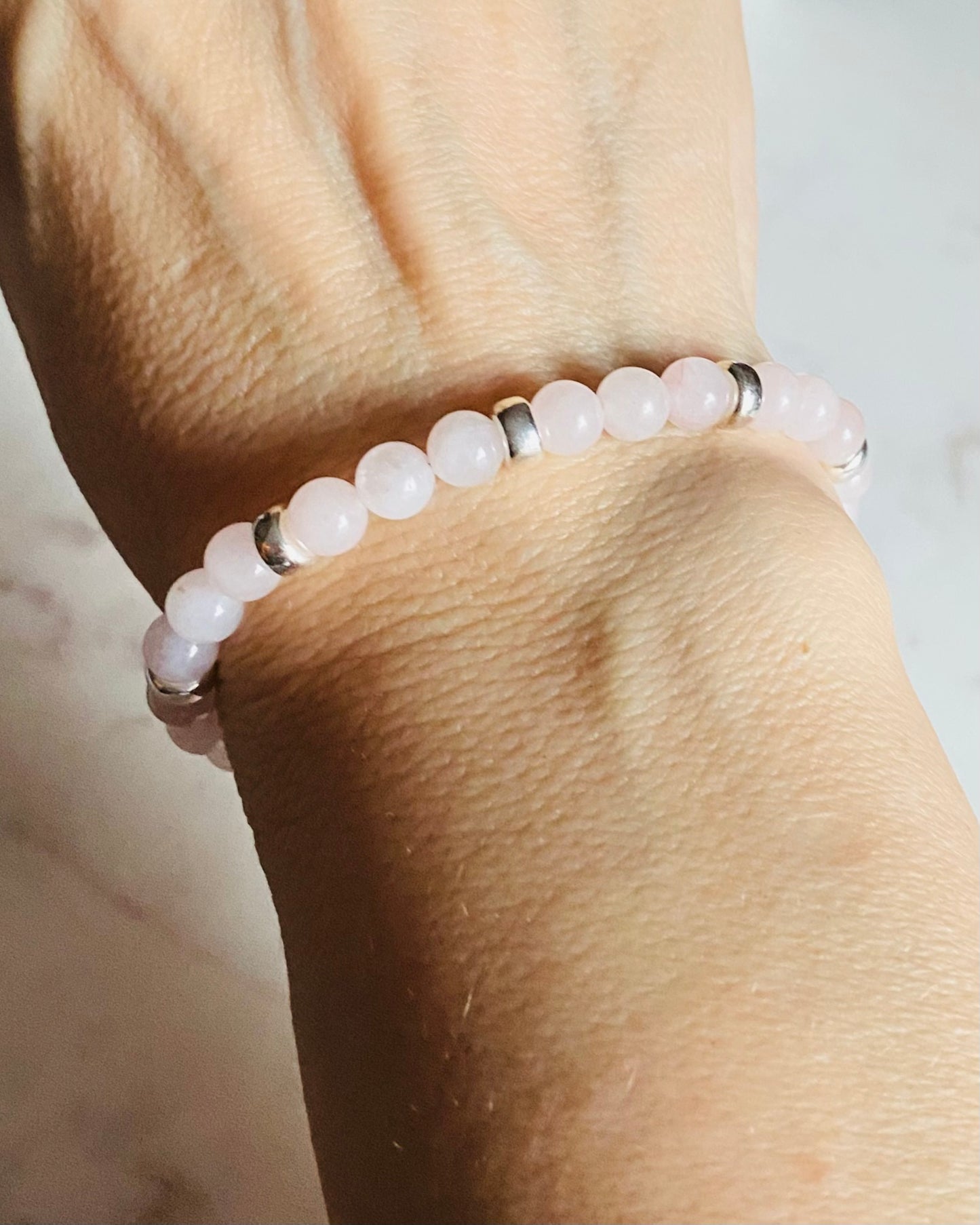 Bracelet, silver and rose quartz